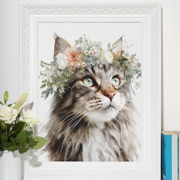 Watercolor Maine Coon Cat with Flower Crown Wall Art Print Unframed - Picture 6 of 6